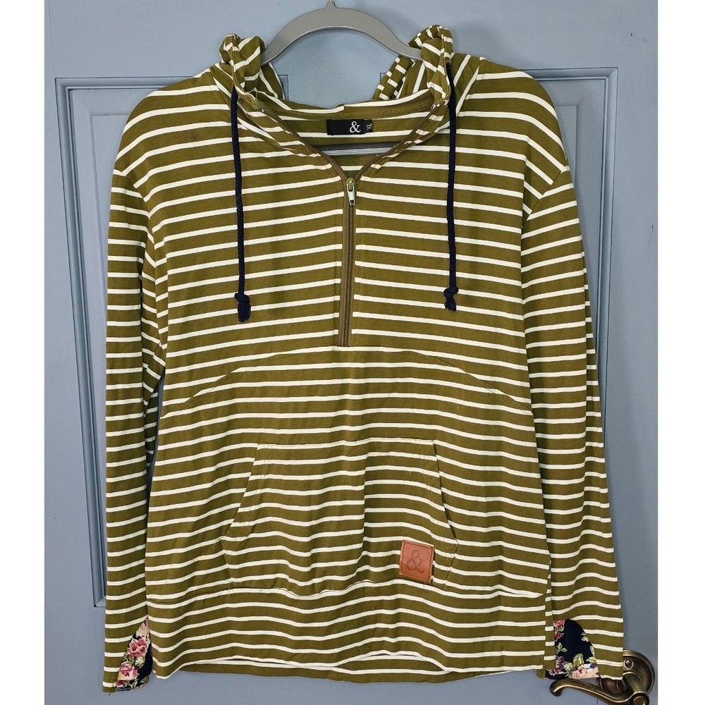 Ampersand Avenue Womens XL Olive Green Striped Quarter Zip Hoodie Floral Cuffs